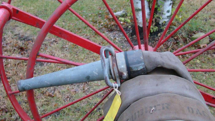 Vintage Fire Hose Cart with steel wheels and built in nozzle & tool kit